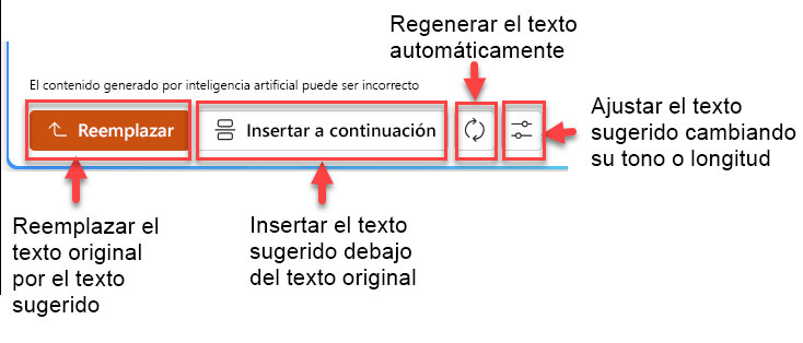 Captura de pantalla del panel de texto sugerido con cuatro botones de: reemplazar, insertar debajo, regenerar y ajustar.