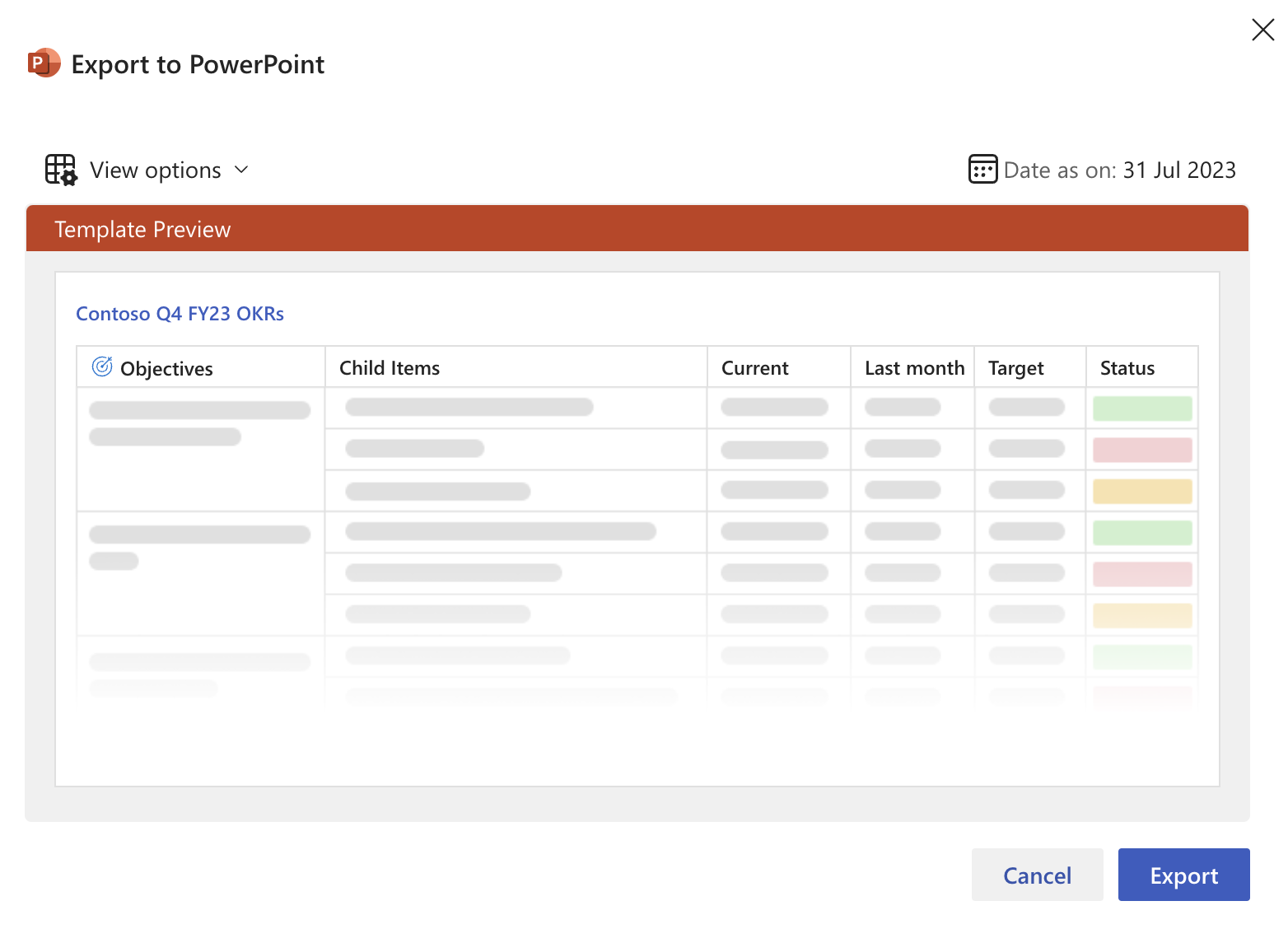 Captura de pantalla de la superposición de exportación de PowerPoint para seleccionar una plantilla.