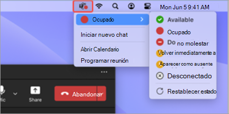 Captura de pantalla que muestra el icono de la aplicación Teams en la barra de menús de Mac seleccionada, con acciones rápidas disponibles.