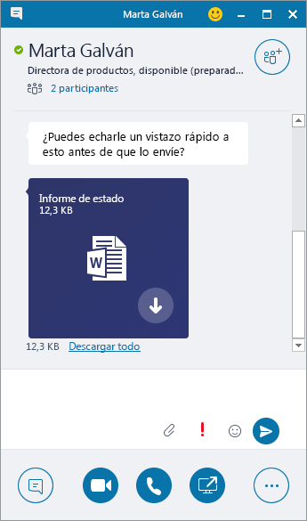 Captura de pantalla de una ventana de mensajería instantánea con datos adjuntos entrantes.