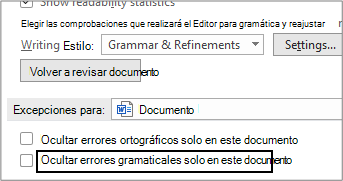 Las casillas para ocultar los errores ortográficos y gramaticales de este documento están desactivadas