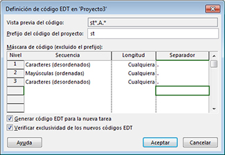 Imagen del cuadro de diálogo Definición de código EDT
