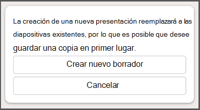 Captura de pantalla de una advertencia en Copilot en PowerPoint sobre cómo la creación de una presentación reemplazará las diapositivas existentes