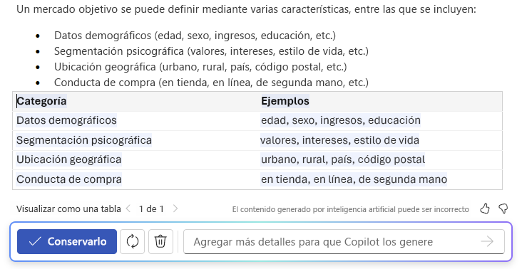 Captura de pantalla de Copilot en Word que muestra la capacidad de texto a tabla