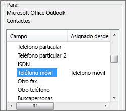 Tel. móvil se asigna al campo Teléfono móvil de Outlook
