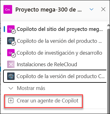 Captura de pantalla de la creación de un nuevo agente de Copilot desde el panel de chat