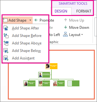 Opciones Agregar formas encontradas en la pestaña Diseño de herramientas SmartArt