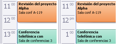 Vista de Calendario mostrando las configuraciones de horario de 24 horas y de 12 horas