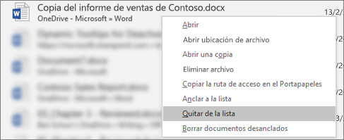 El menú contextual que aparece cuando hace clic con el botón derecho en un archivo en la lista de archivos recientes