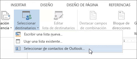 Comando de contactos de Outlook