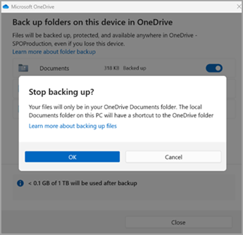 Copia de seguridad de la carpeta OneDrive detener copia de seguridad