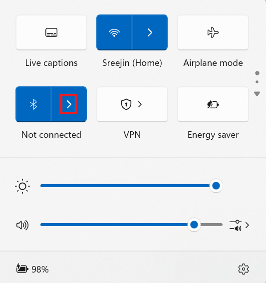 El botón Administrar dispositivos Bluetooth en Configuración rápida.