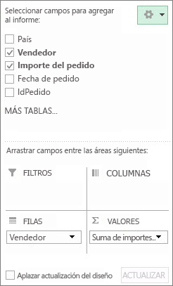 Lista de campos que muestra una sección de campo y una sección de áreas