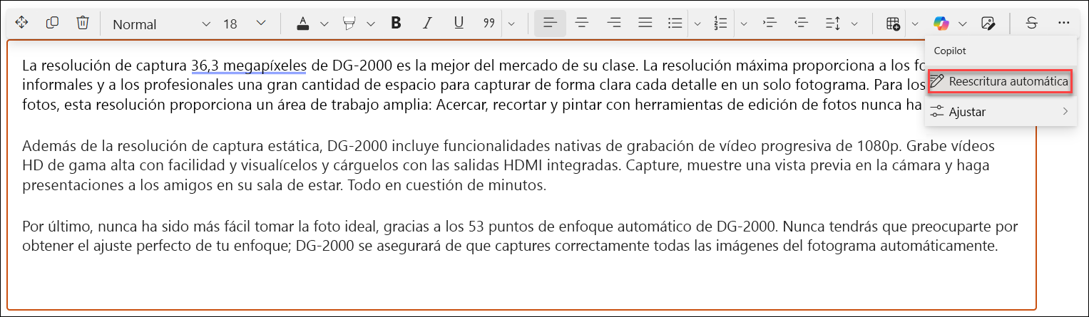 reescritura automática antes: captura de pantalla del ejemplo