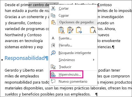 Después de hacer clic con el botón derecho en el texto, la opción Hipervínculo aparece resaltada