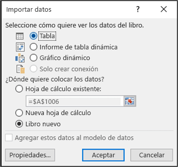 Cuadro de diálogo Importar datos desde Excel 2016