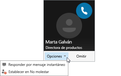 Captura de pantalla de una notificación de llamada con el menú Opciones abierto.