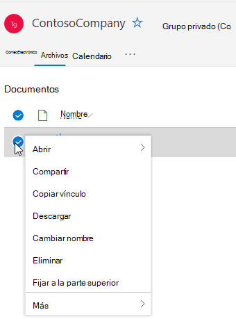 Mostrar las opciones eliminar y cambiar el nombre de un archivo