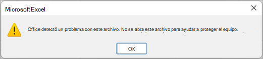 Un cuadro de diálogo que indica que Excel ha detectado un problema con este archivo y que no se puede abrir.