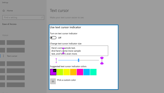 Configuración del indicador de cursor de texto, incluidos tamaño y color