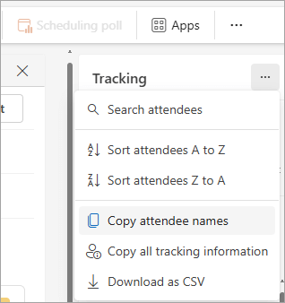 Captura de pantalla del panel seguimiento en el nuevo Outlook que muestra opciones desplegables para copiar la lista de asistentes