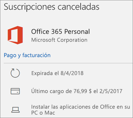 Se muestra una suscripción a Office 365 que ha expirado.