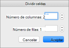 Captura de pantalla que muestra el cuadro de diálogo Dividir celdas con las opciones para establecer el número de columnas y el número de filas.