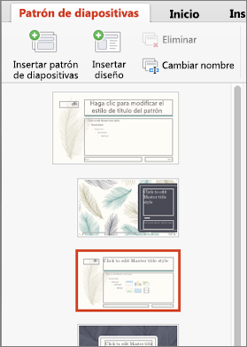 El panel de miniaturas muestra diseños al editar el patrón de diapositivas