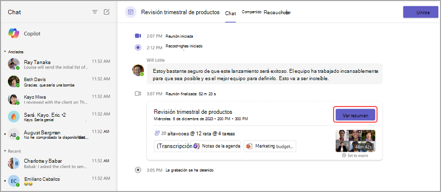Vea un resumen de la reunión desde la miniatura del resumen en el chat de la reunión.