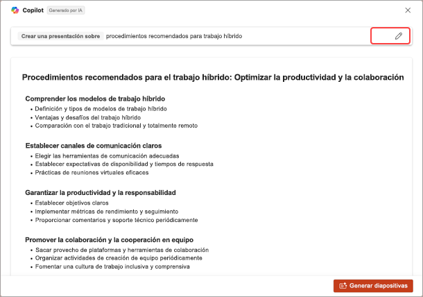 Captura de pantalla de la lista de temas generados por Copilot para PowerPoint.