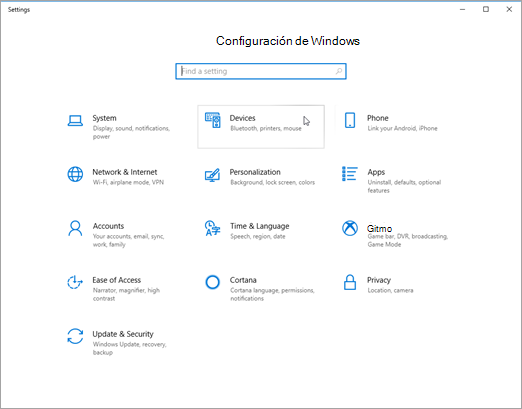 Windows de configuración del dispositivo