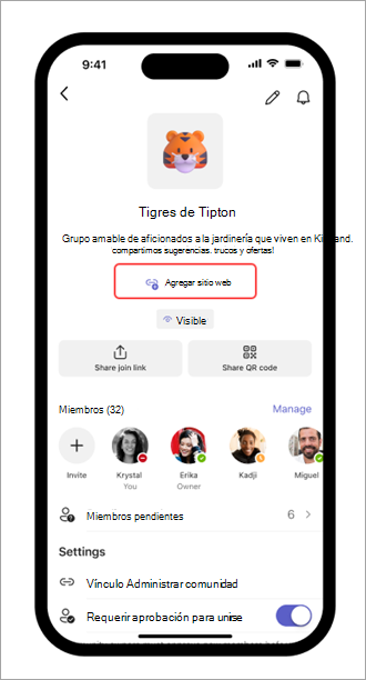 Captura de pantalla del vínculo Agregar sitio web en la configuración de la comunidad en Microsoft Teams (gratis) en un dispositivo móvil.
