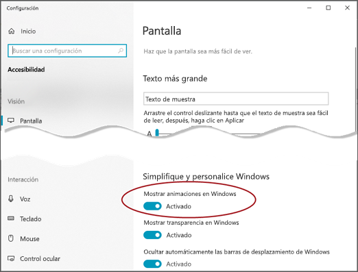 El menú Presentación de acceso fácil con la opción Mostrar animaciones en Windows opción resaltada.