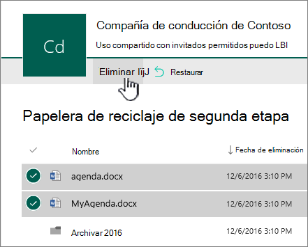 Reciclaje de 2.º nivel de SharePoint Online con el botón Eliminar resaltado