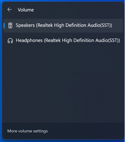 El selector de salida de audio de la Windows 11 bandeja del sistema.