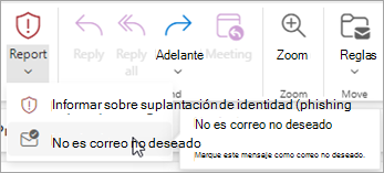Puede usar el botón Informar > correo no deseado para restaurar un mensaje de la carpeta Correo electrónico no deseado y, después, indicar a Outlook que deje de enviar mensajes de ese remitente a la carpeta Correo no deseado.