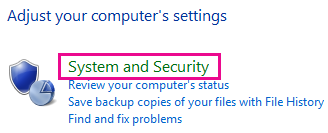 Vínculo a Sistema y seguridad de Windows 8 en el Panel de control