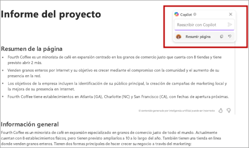 Captura de pantalla que muestra el cuadro de texto para reescribir el resumen de la página generada por Copilot