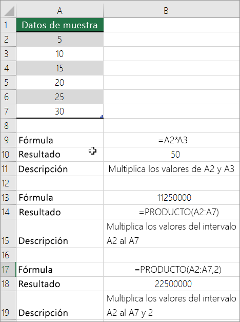 Multiplicar números con la función PRODUCTO