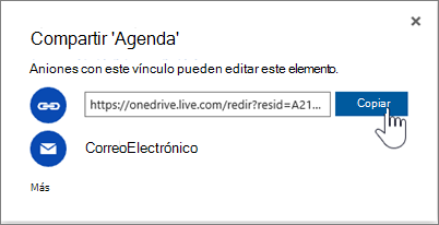 Captura de pantalla de la opción Obtener un vínculo en el cuadro de diálogo Compartir en OneDrive