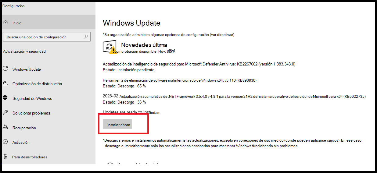 interfaz de usuario de configuración de Windows Update