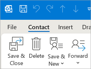 Captura de pantalla que muestra Guardar y cerrar para contactos en Outlook clásico