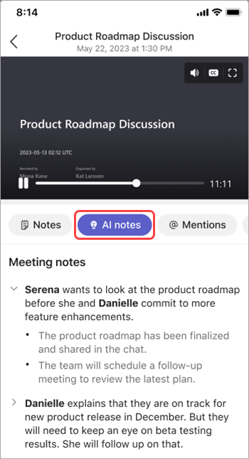 Vea las notas generadas por IA en el resumen de la reunión de Teams.