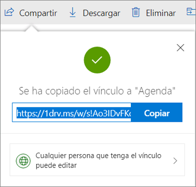 Confirmación de Copiar vínculo al compartir archivos a través de un vínculo en OneDrive