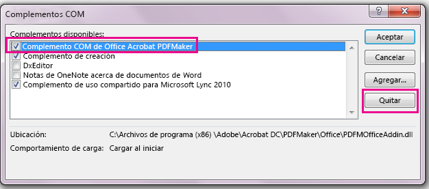 Seleccione la casilla de verificación para el complemento de Acrobat PDFMaker Office COM y haga clic en quitar.