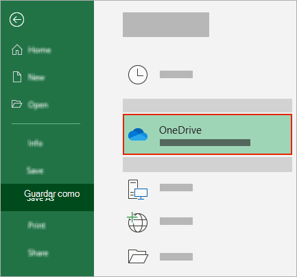 Cuadro de diálogo Guardar como de Office que muestra la carpeta OneDrive