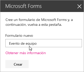 Panel del elemento web Microsoft Forms de un formulario nuevo.