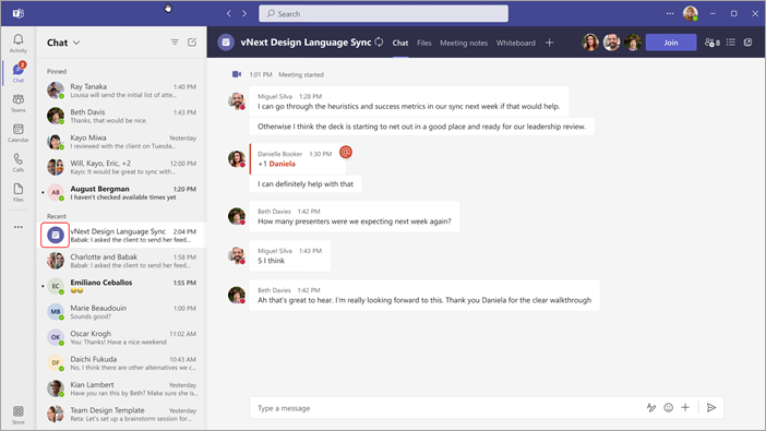 Captura de pantalla que muestra cómo buscar un chat después de una reunión