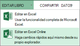Editar en Excel Online en el menú Editar libro