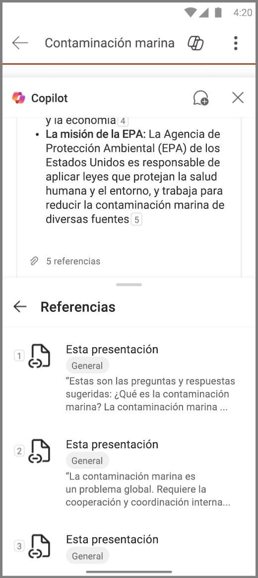 Captura de pantalla de Copilot en PowerPoint en un dispositivo Android con referencias para la respuesta Resumir este conjunto de diapositivas